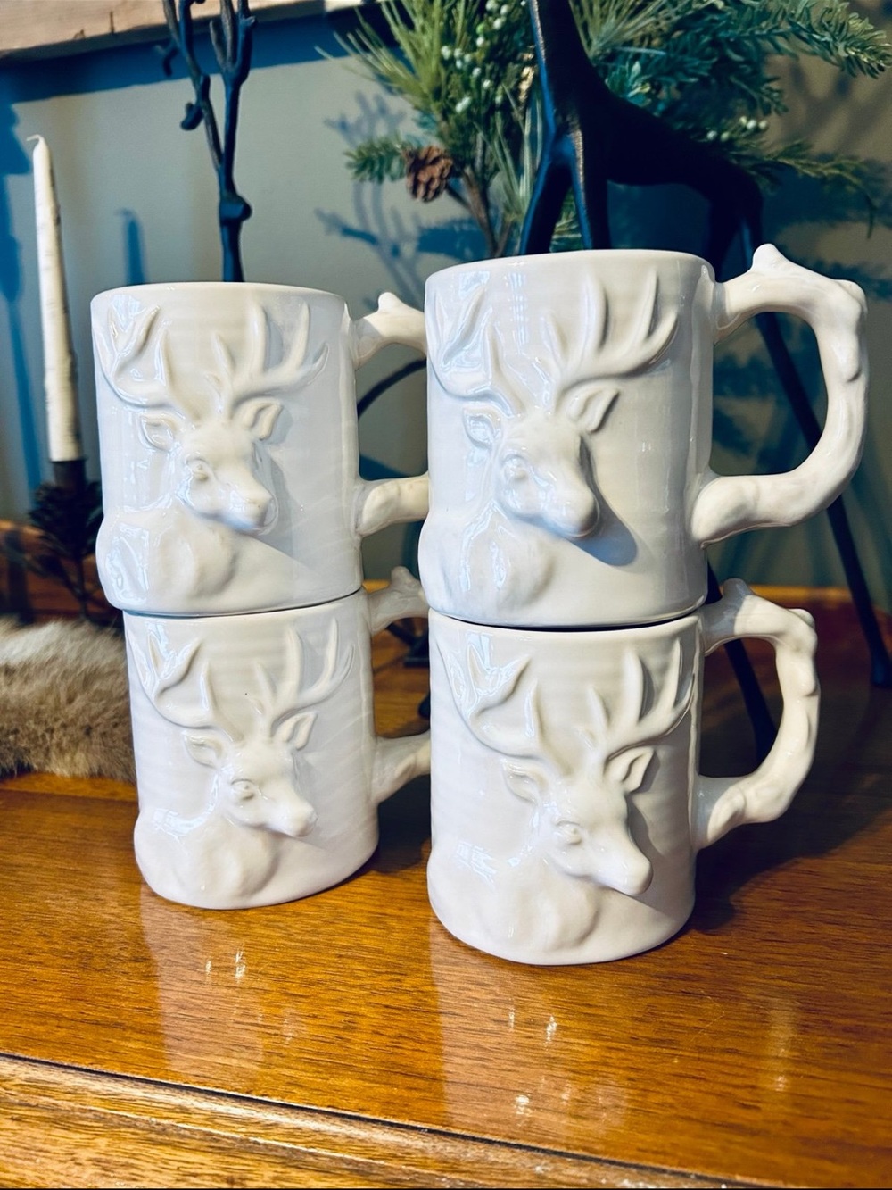 Pottery Barn Rare Ceramic Deer DONDER Relief Mugs - Set of 4